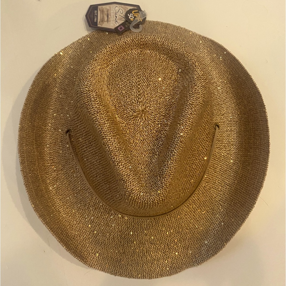 Sun N sand hats Sequin Speckled Knit Cowgirl Hat with Chin Strap GOLD one size